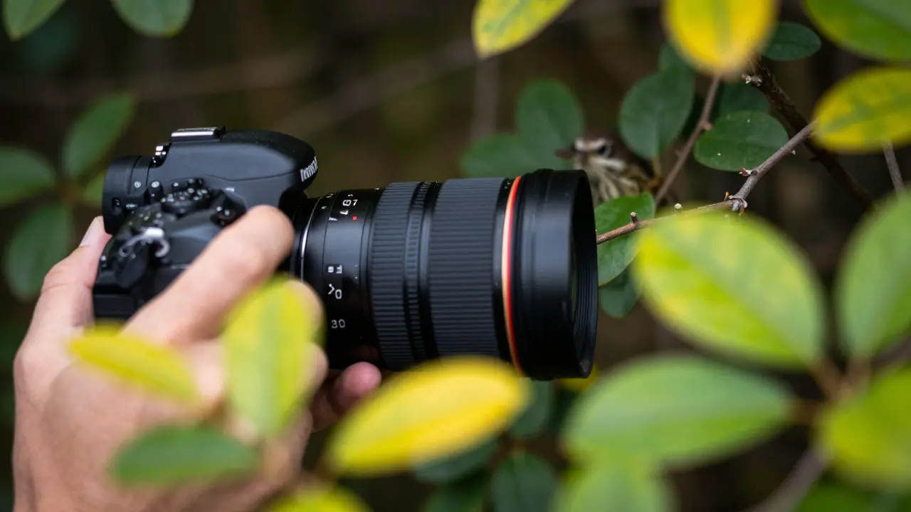 Camera lens focused on a bird through dense, blurred foliage