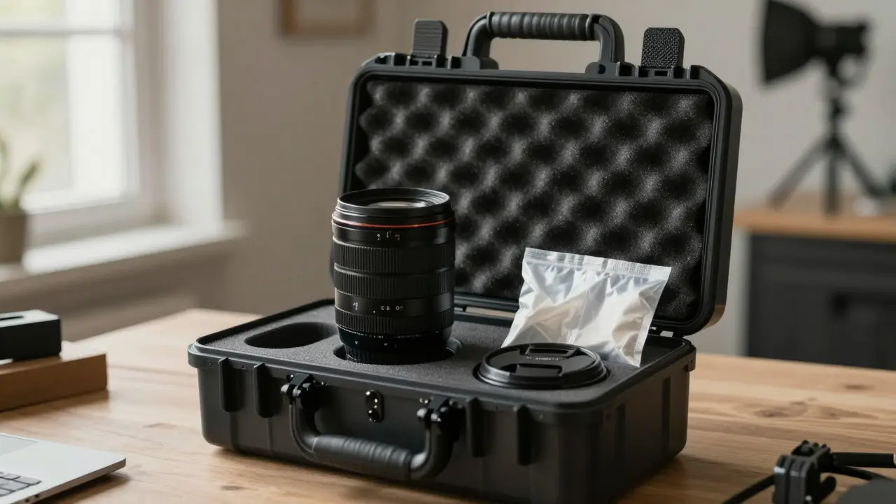 Camera lens stored in a padded case with silica gel packets for humidity control