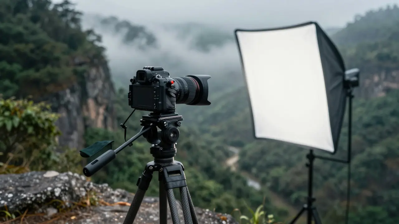 Camera on a tripod set up on a rocky ledge in a misty, overcast forest landscape