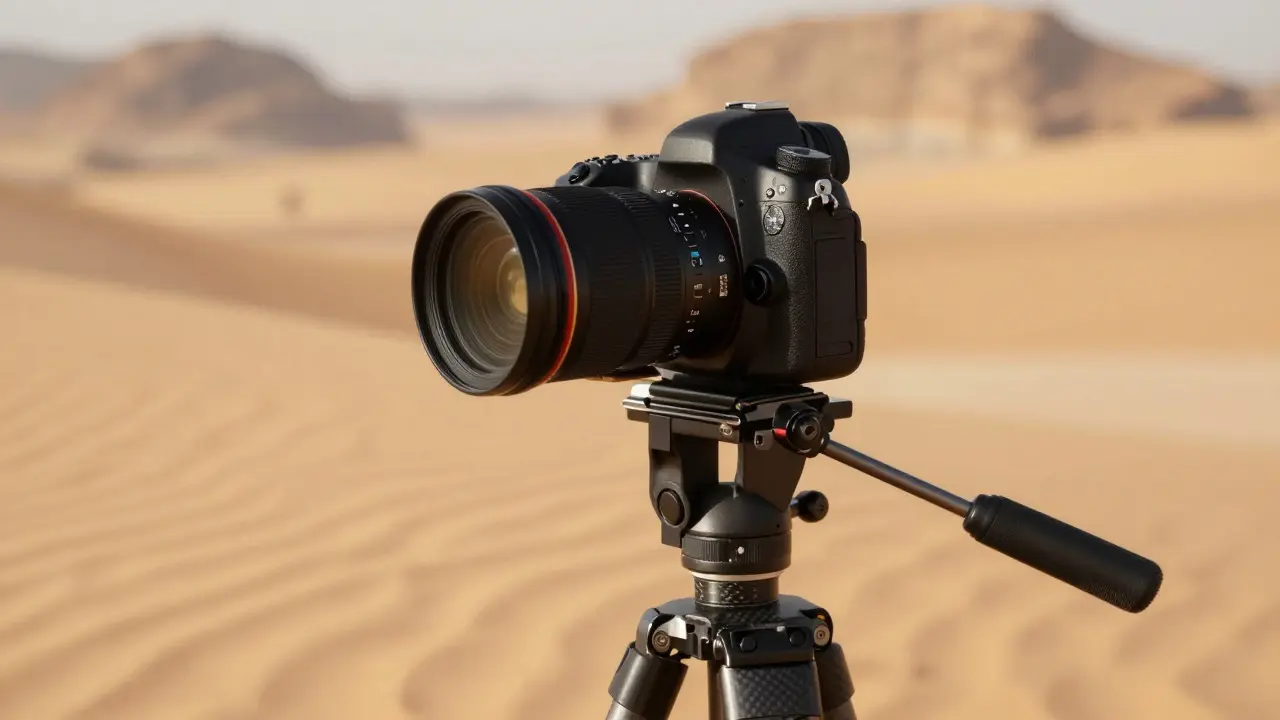 Camera on a tripod with remote release in a desert setting