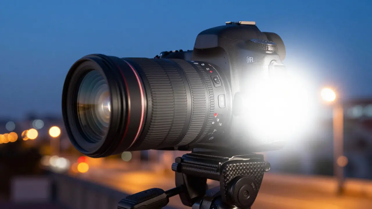 Camera on a tripod with visual overlays representing bracketed exposures merging