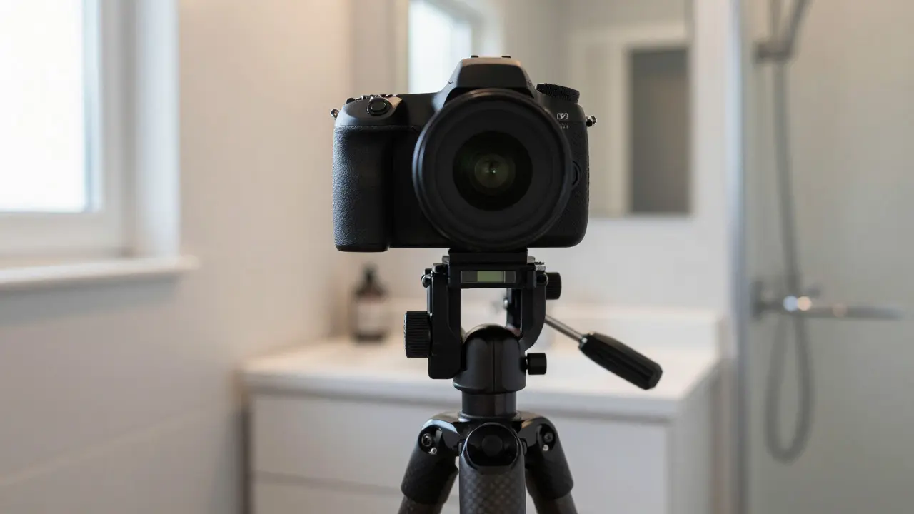 Camera on tripod leveled for photographing a small bathroom to prevent distortion