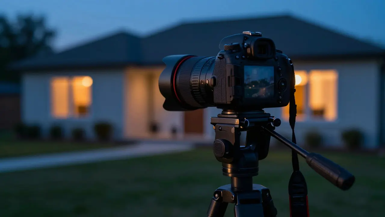 Camera on tripod set up for shooting a house at dusk