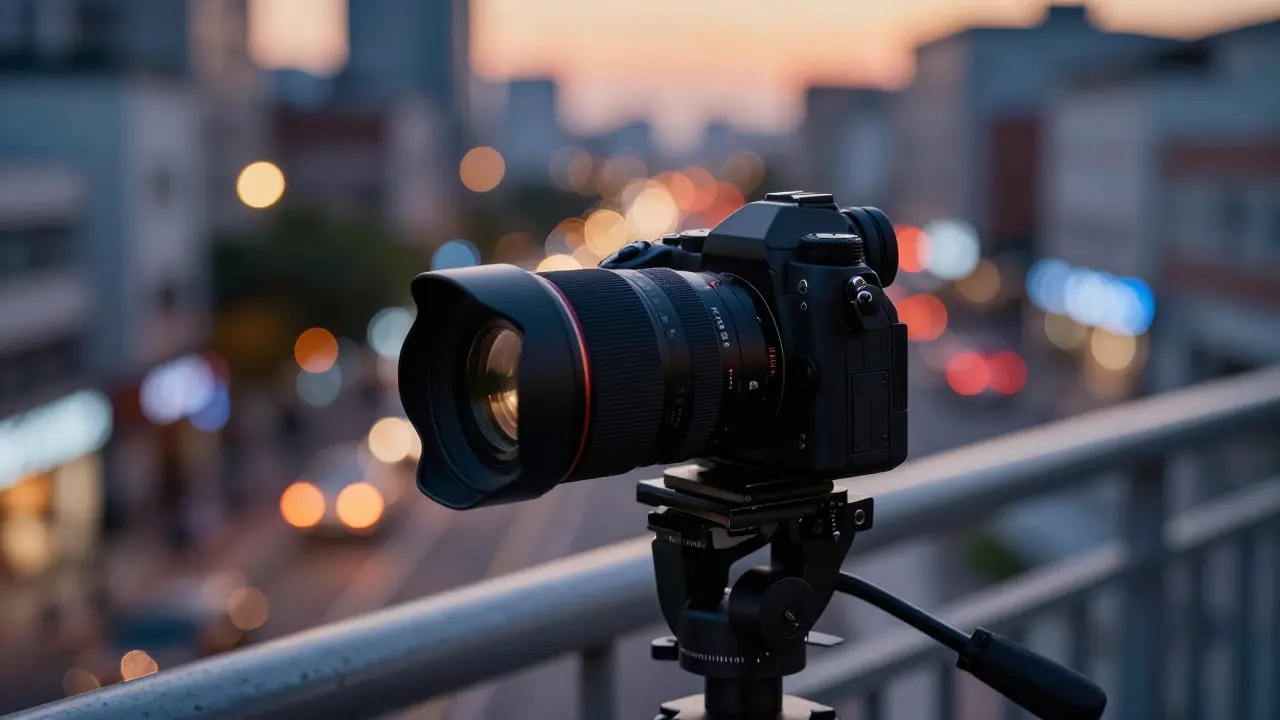 Camera on tripod set up for twilight photography with city lights in background