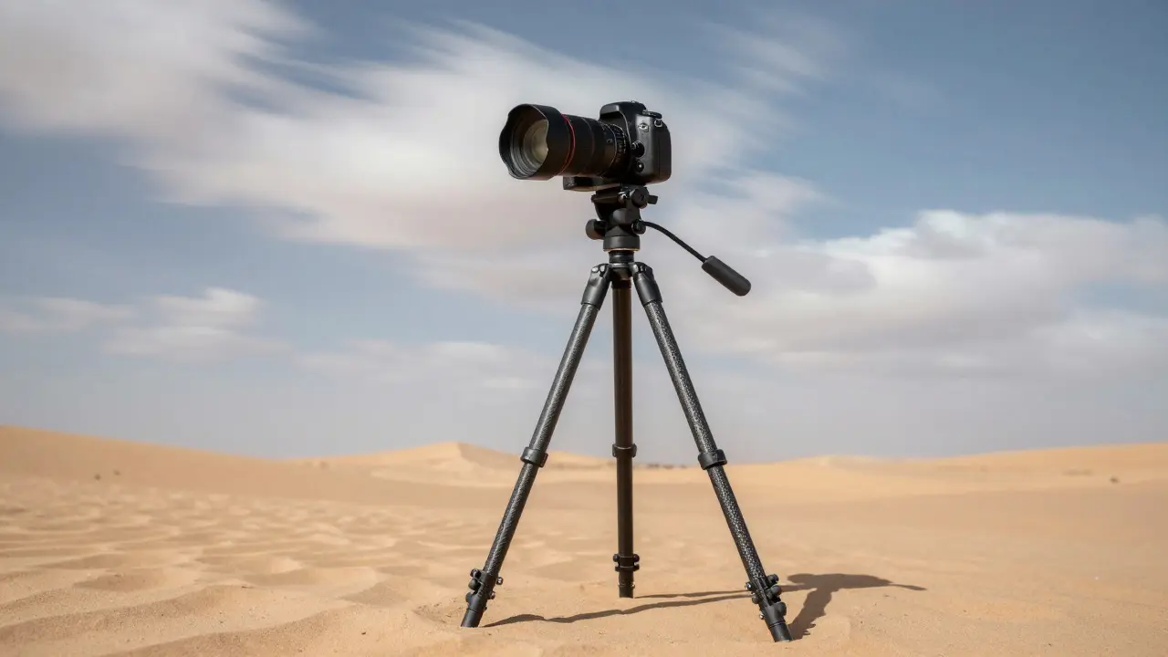 Camera on tripod with ND filter under windy sky
