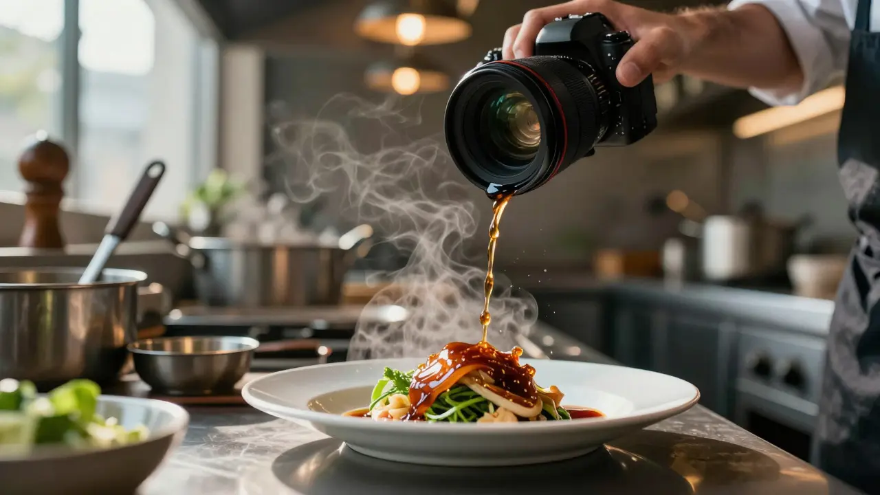 Camera view of sauce being poured over a dish with motion blur effects