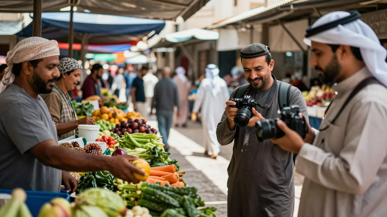 Candid documentary photo of a photographer observing a local market interaction
