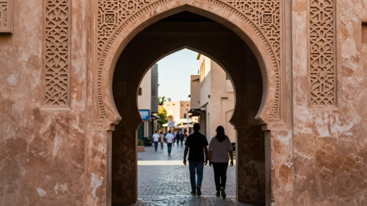 Carved stone archway framing a busy street scene in a historic UAE district with a leading cobblestone path