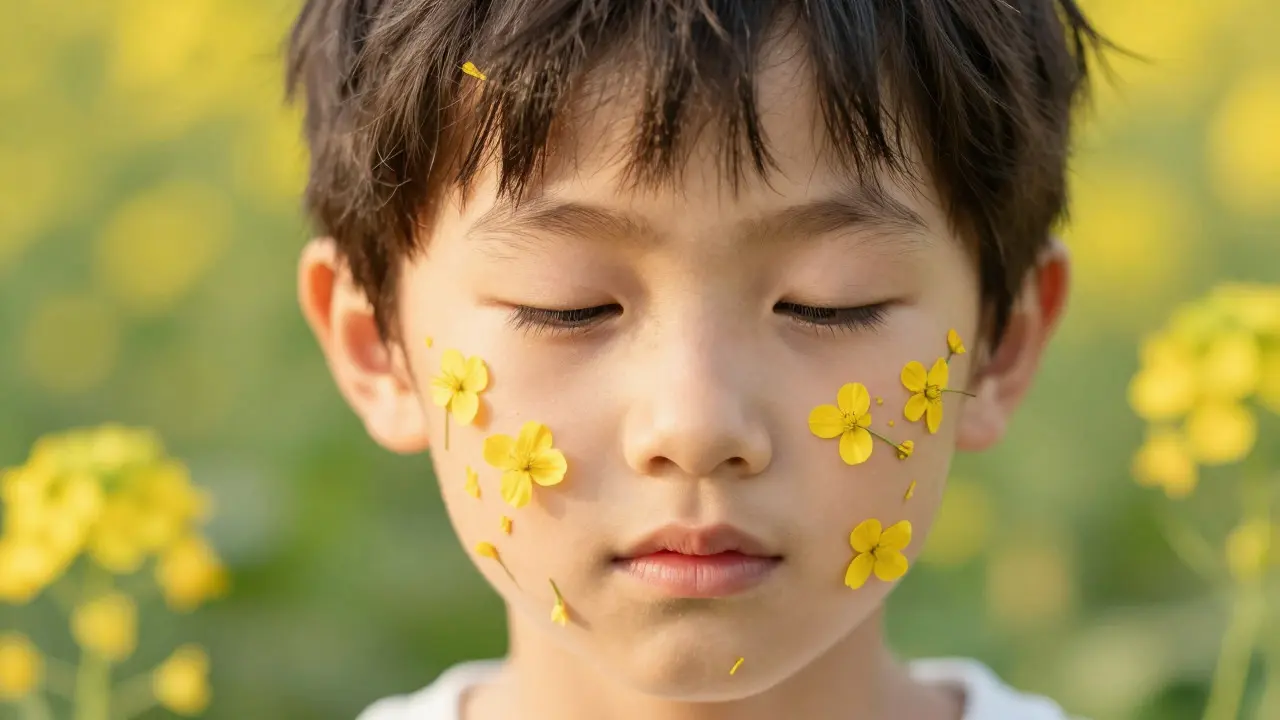 Child's face artistically merged with blooming wildflowers