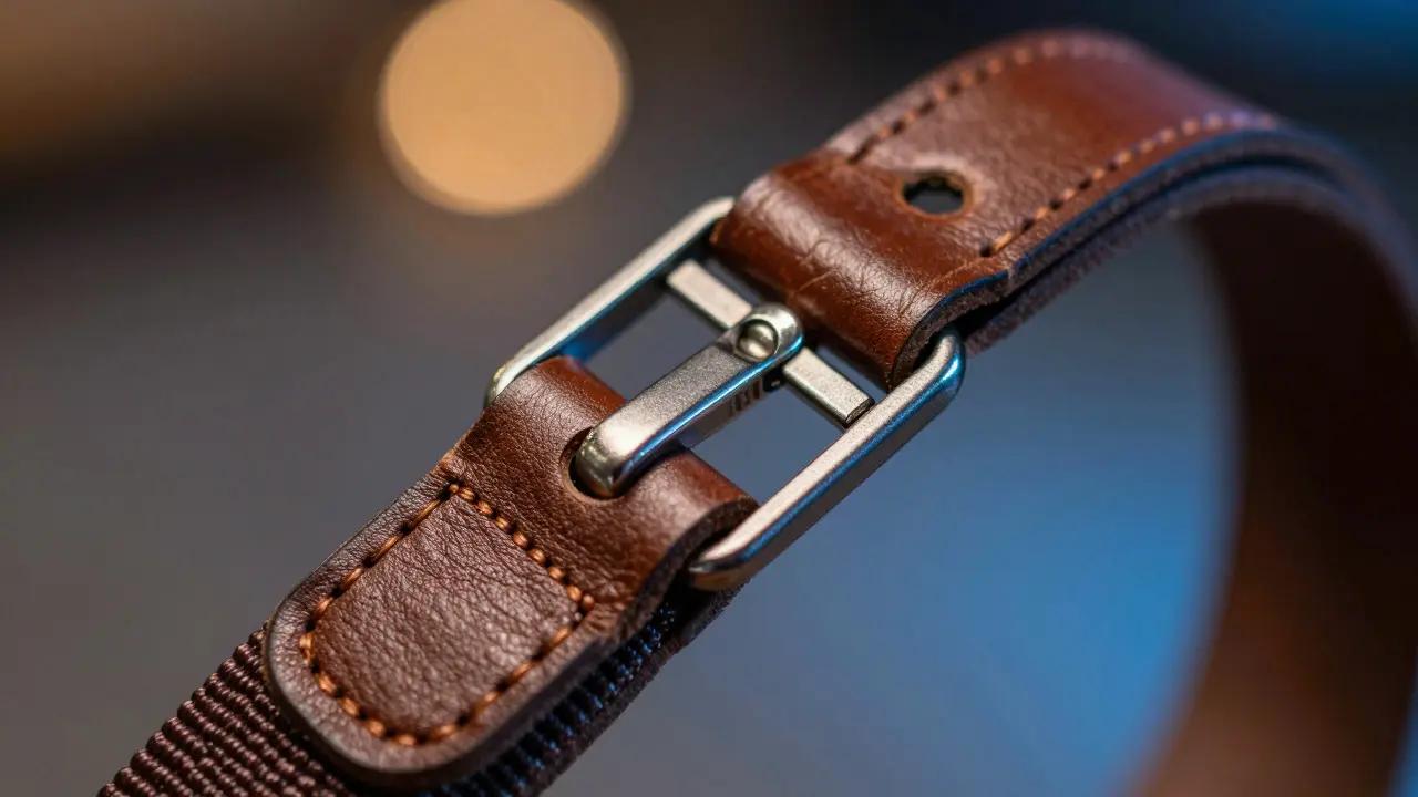 Close-up of a camera strap showing breakaway buckle and reinforced stitching