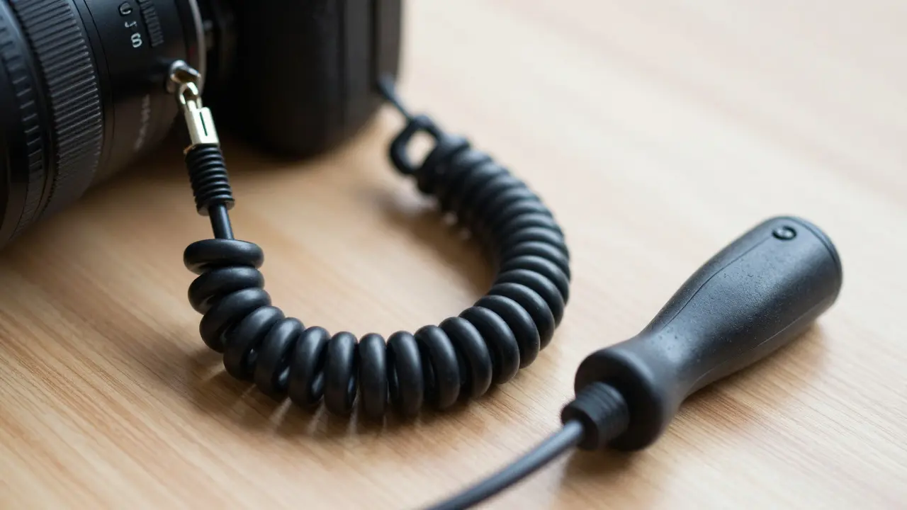Close-up of a coiled cable release connected to a camera sync port on a wooden table