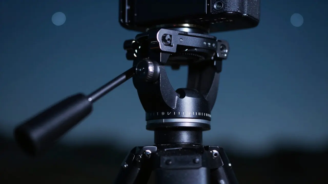 Close-up of a tripod ball head under starlight with shallow depth of field