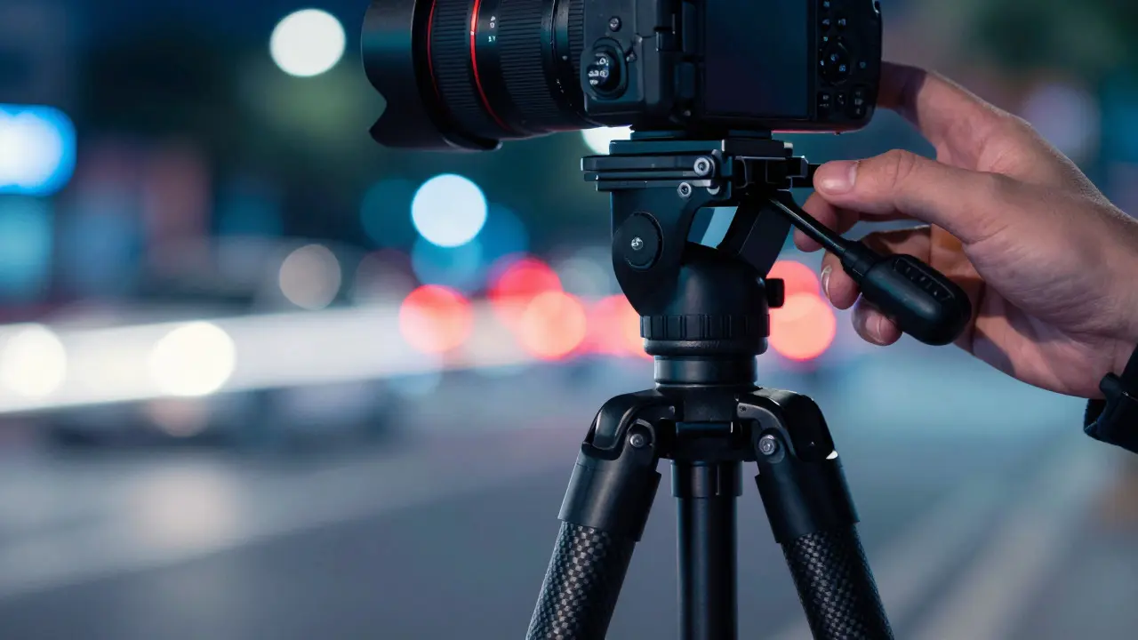 Close-up of camera on tripod with remote release and background light trails