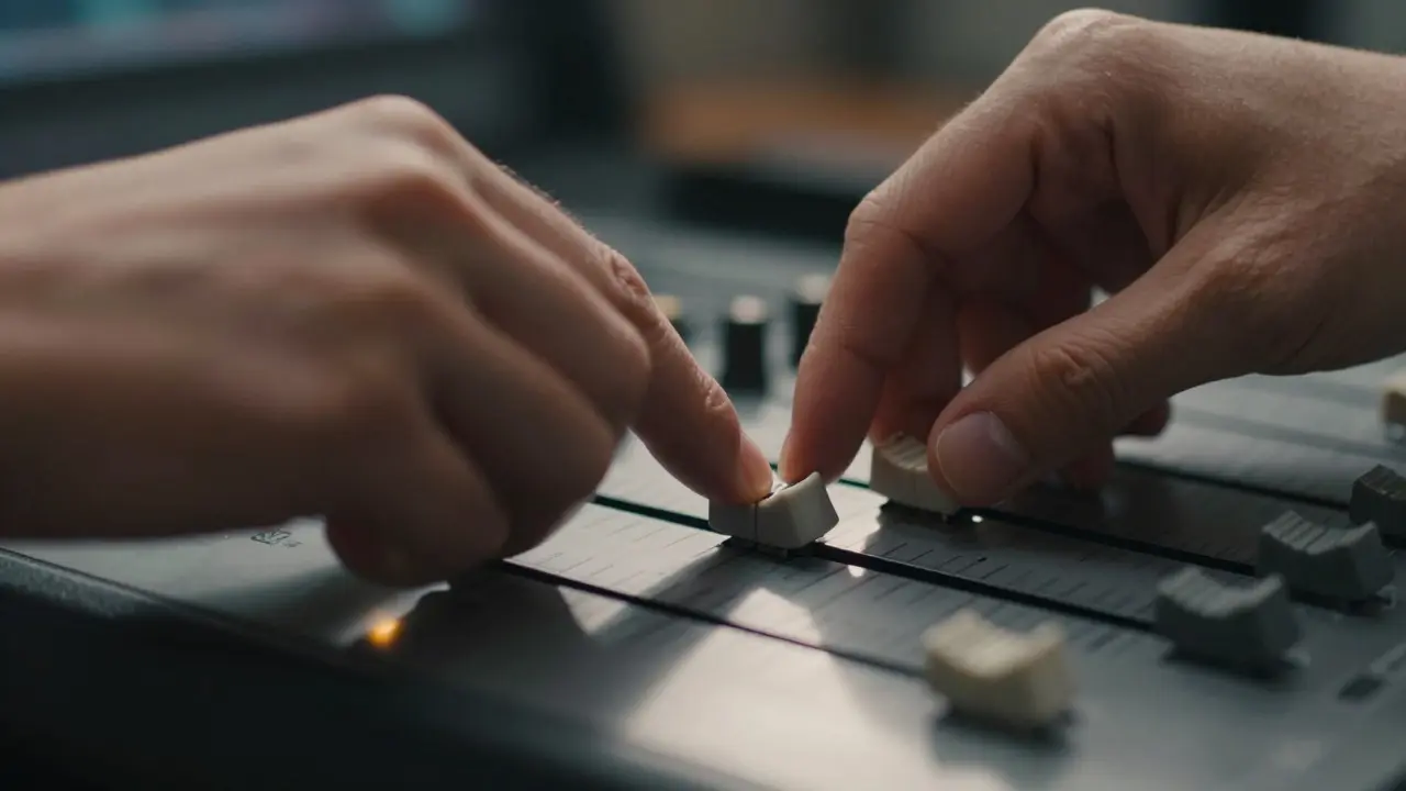 Close-up of hands adjusting a contrast slider on a professional photo editing control panel