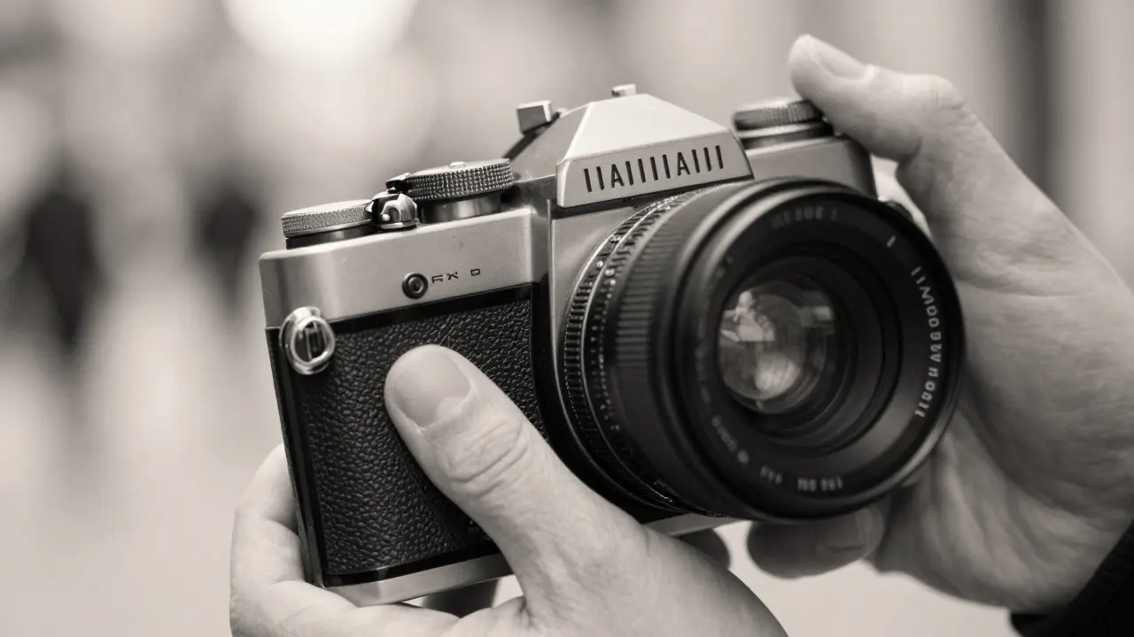 Close up of hands holding a vintage film camera with blurred background