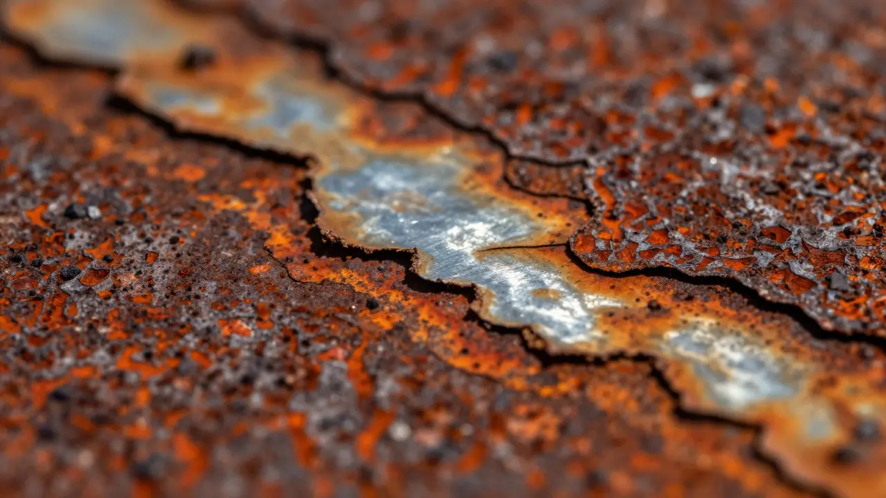 Close-up of rusted metal texture with a small patch of smooth polished steel