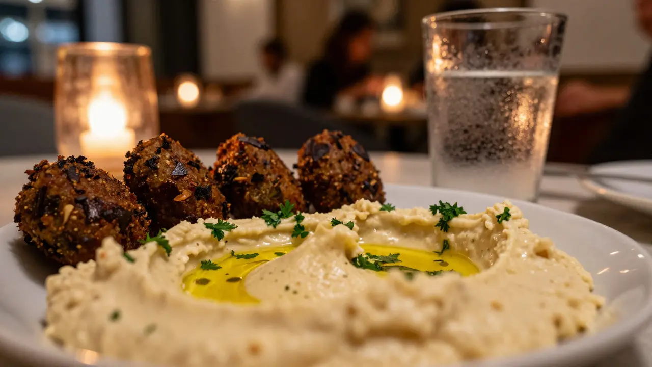 Close-up of textured mezze plate with hummus and falafel in a dim bistro