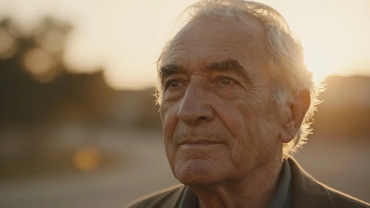 Close-up portrait of an elderly man with warm backlighting and blurred background