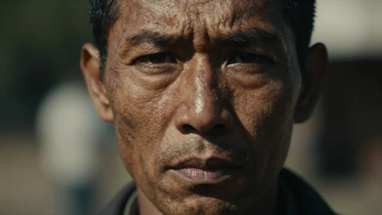 Close-up portrait with harsh sunlight creating deep shadows and intense contrast