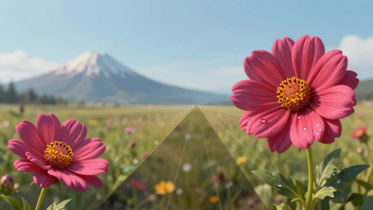 Comparison of normal vs wide-angle perspective with a large foreground flower