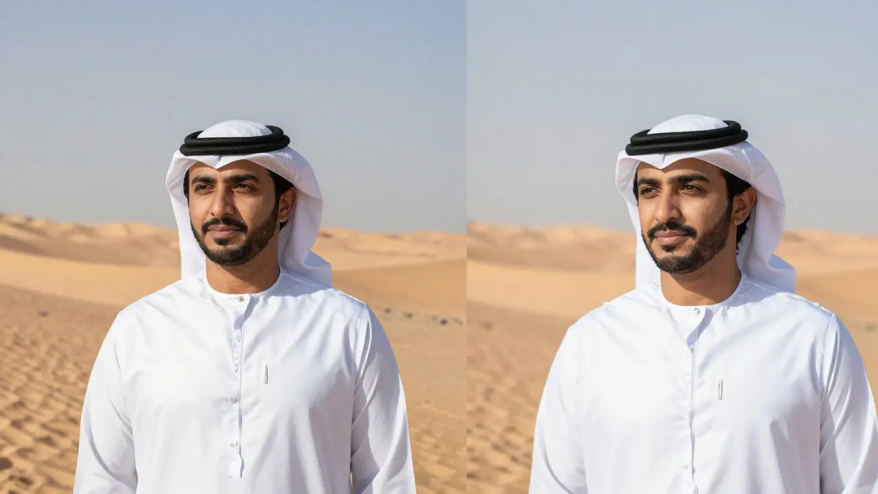 Comparison of sharp vs blurred backgrounds in desert portrait