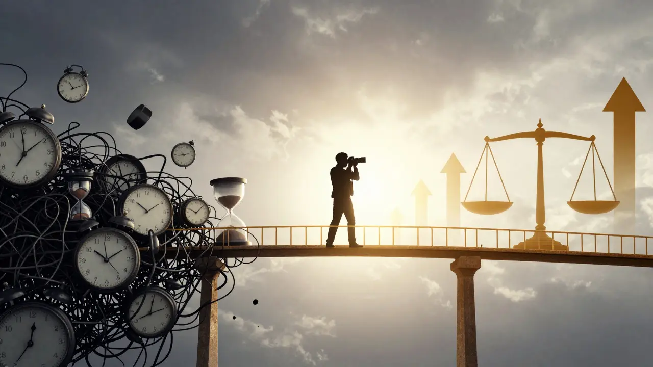Conceptual art of a photographer crossing a bridge from hourly rates to value-based pricing