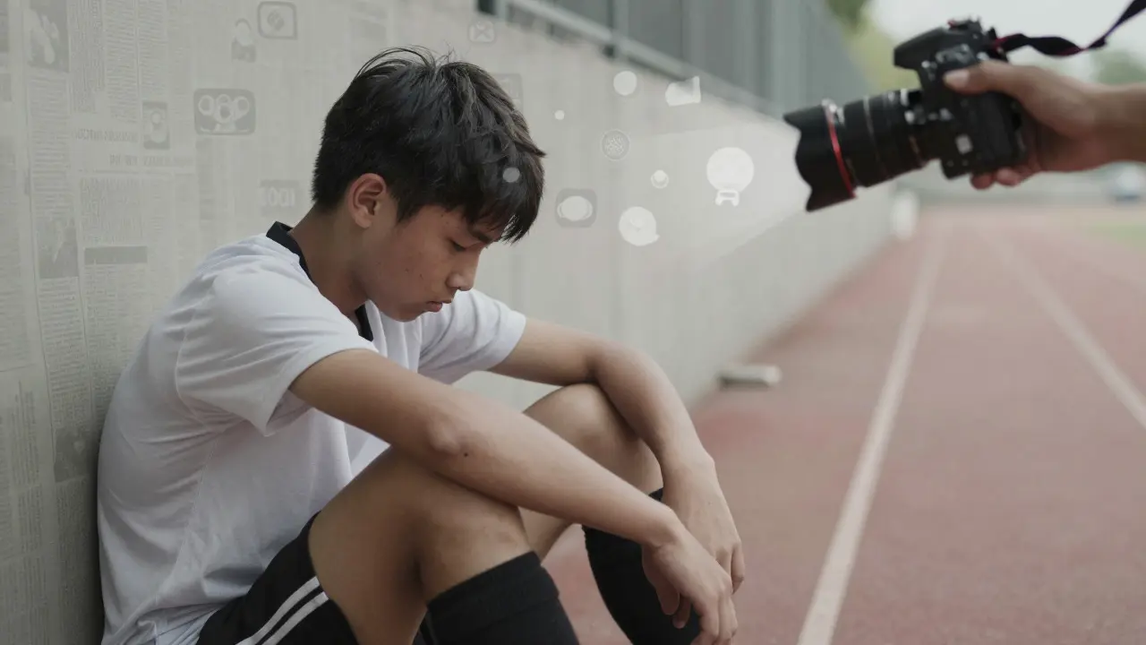 Conceptual art of a photographer hesitating to shoot a sad athlete