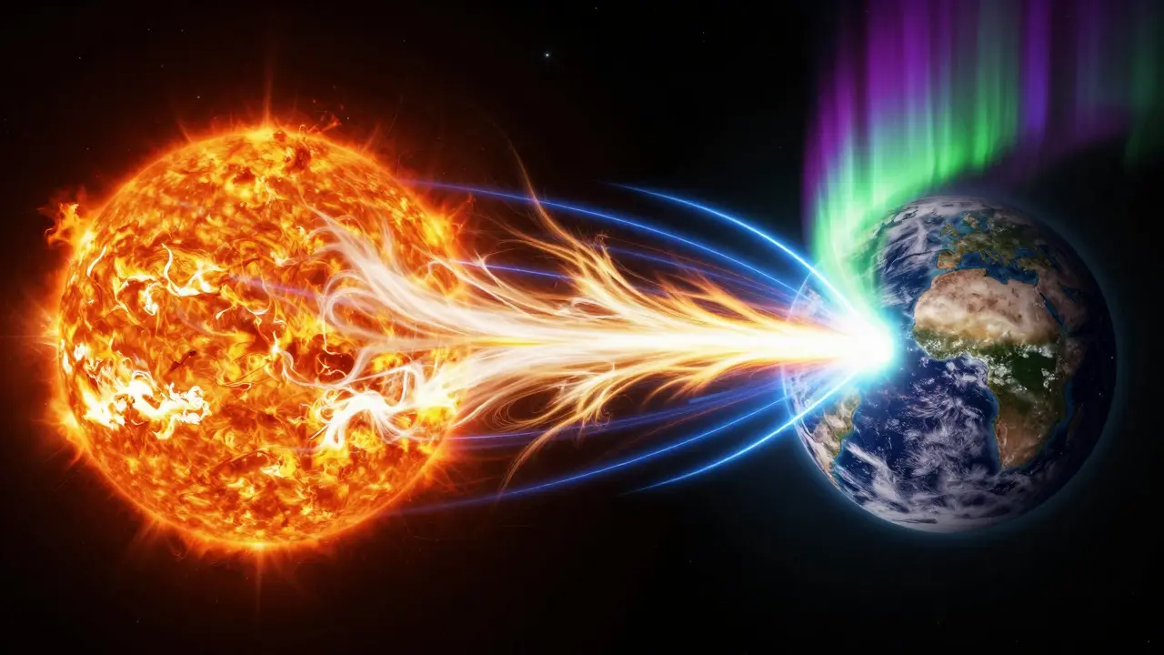 Conceptual art of solar wind hitting Earth's magnetic field