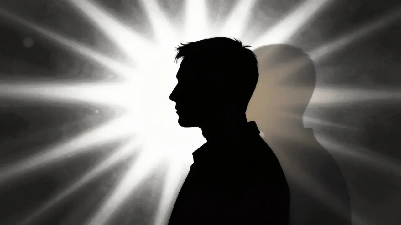 Conceptual art showing a black profile against a bright light source with fading detail overlays.