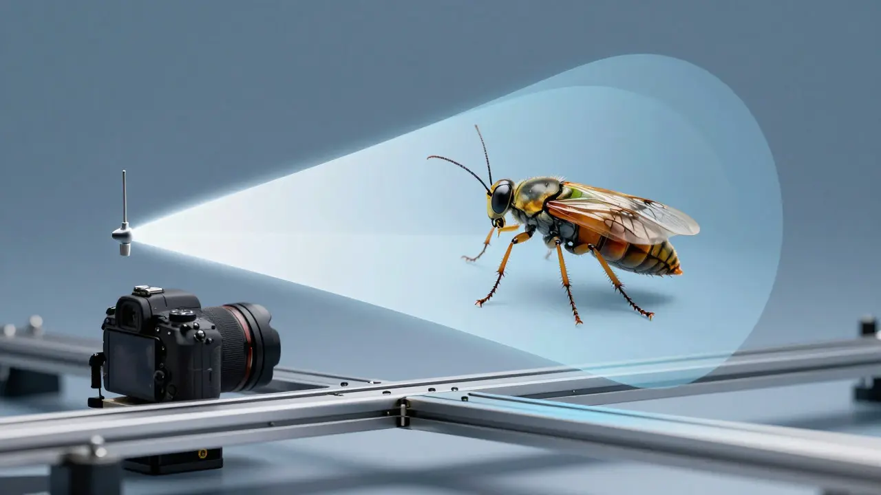 Conceptual art showing camera on a rail merging multiple focus layers into one sharp image