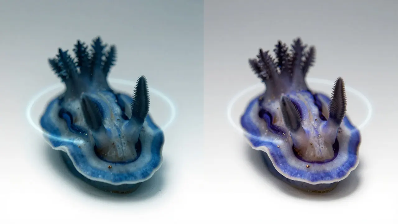 Conceptual comparison of a murky underwater photo versus a color-corrected sharp version