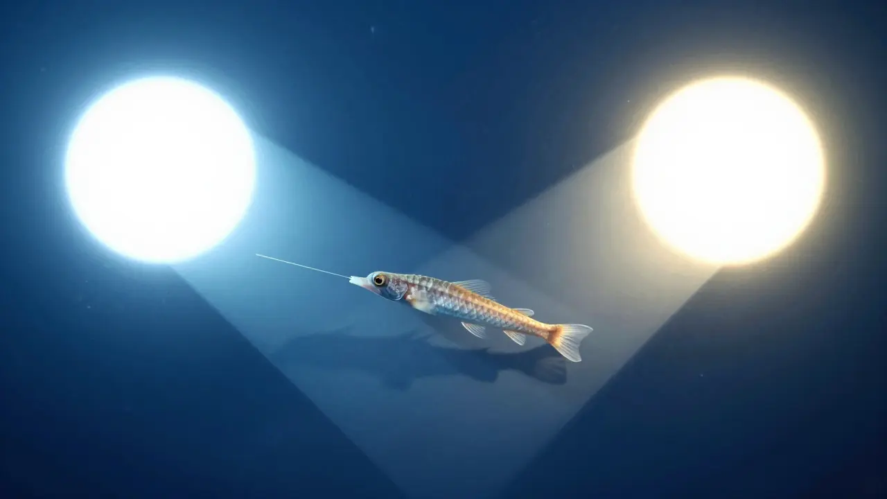 Conceptual diagram of two lights angled at 45 degrees illuminating a fish