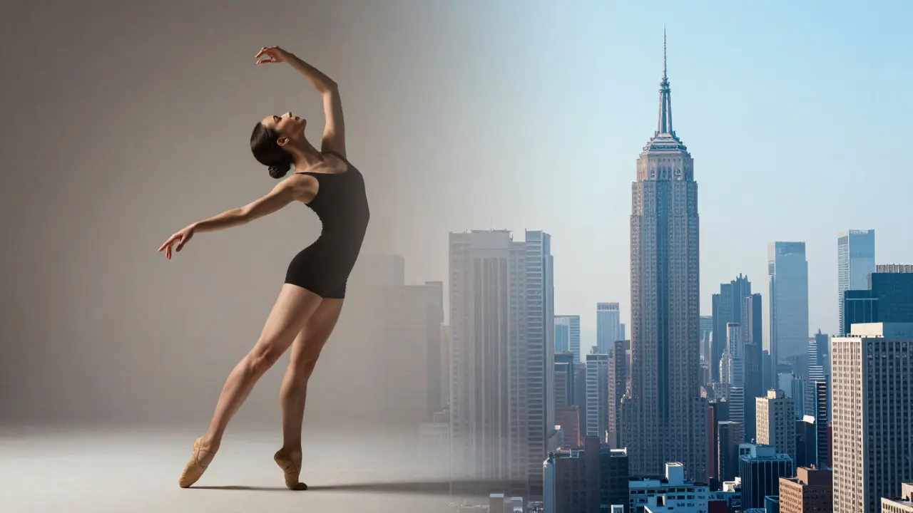 Conceptual illustration of blending a dancer with a cityscape