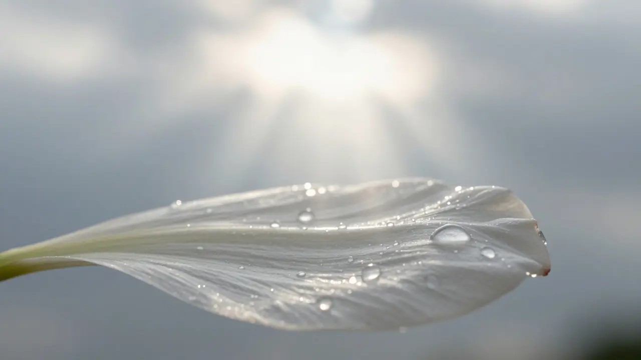 Conceptual illustration of sunlight diffusing through clouds to illuminate a flower petal