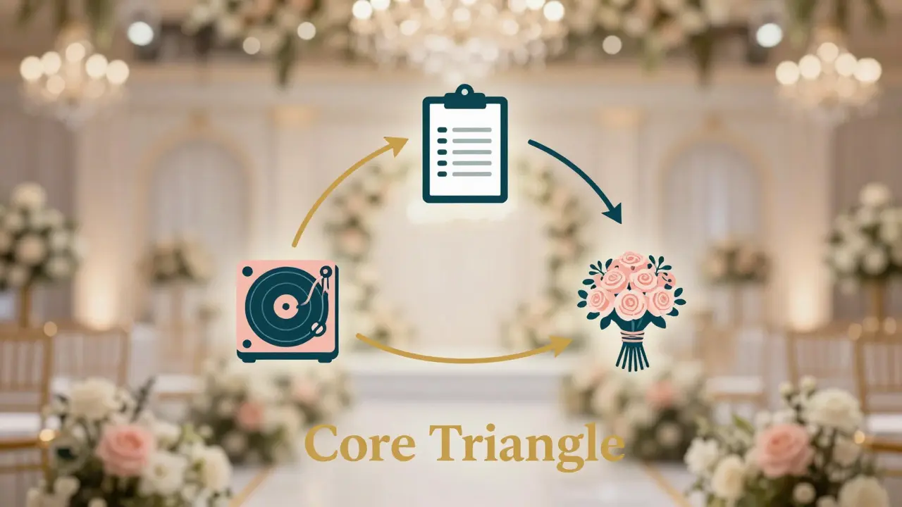 Conceptual illustration of three vendor roles connected in a triangle within a wedding setting