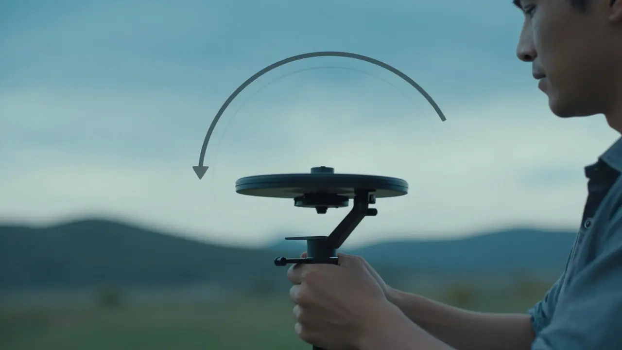 Conceptual illustration showing the smooth arc of a gimbal pan across a landscape