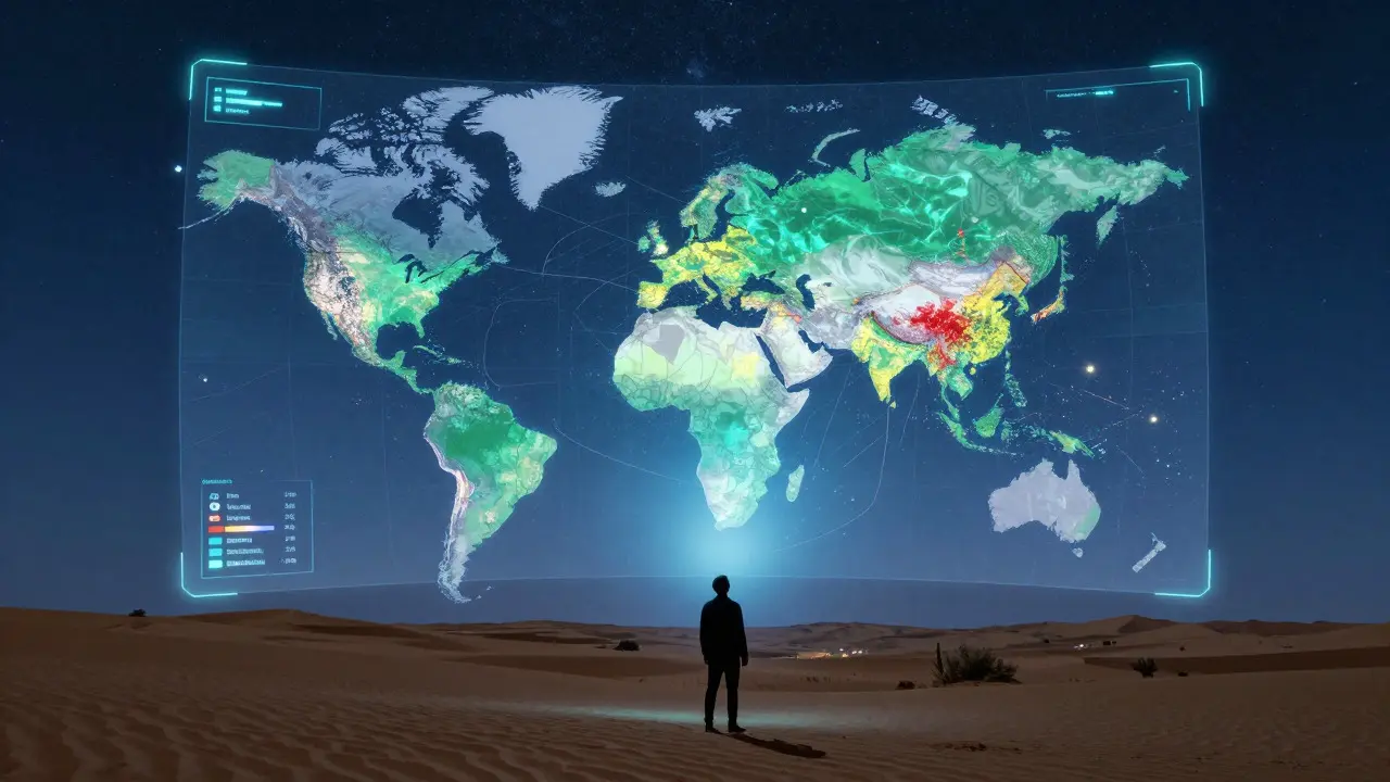 Conceptual image of digital light pollution maps over a desert