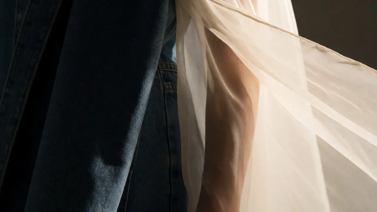 Contrast of denim and chiffon fabrics lit by side lighting