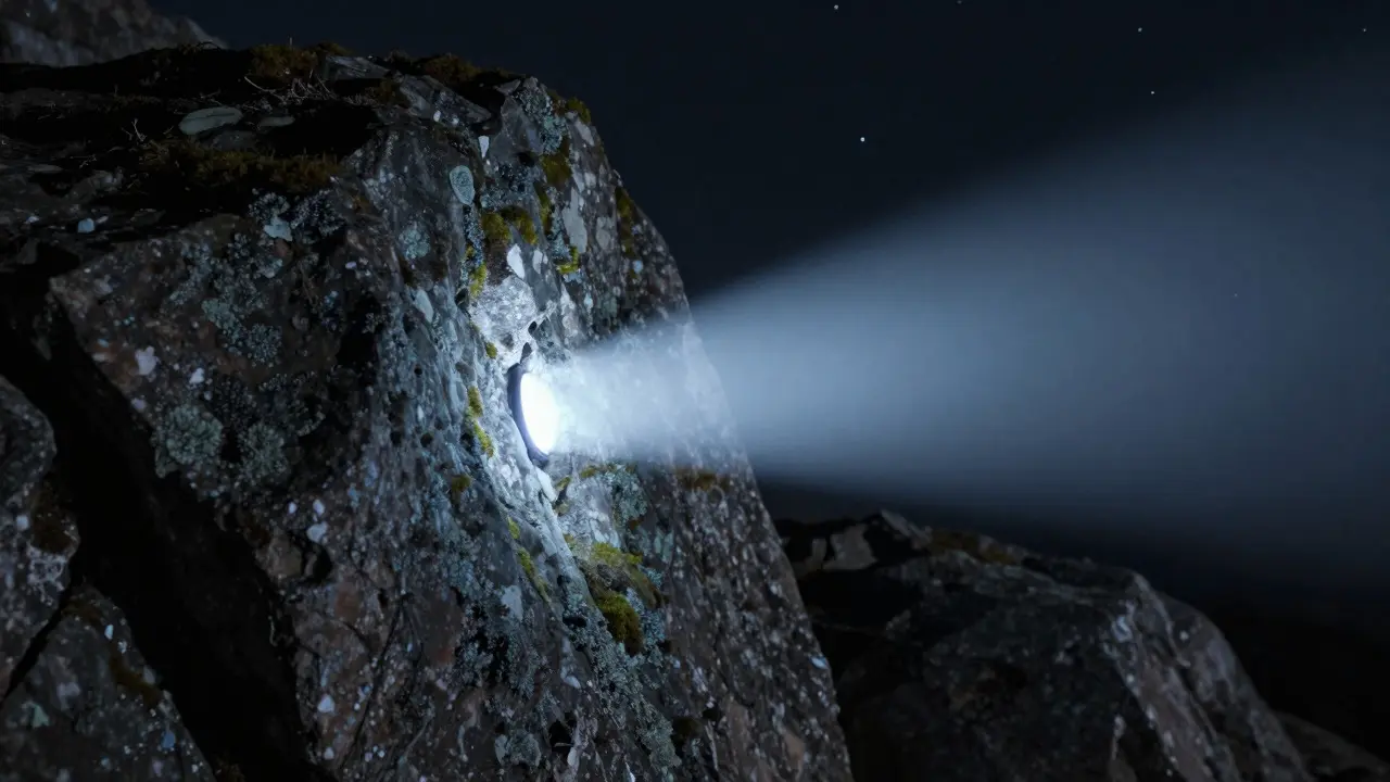 Cool light revealing texture on a mossy rock against a starry background