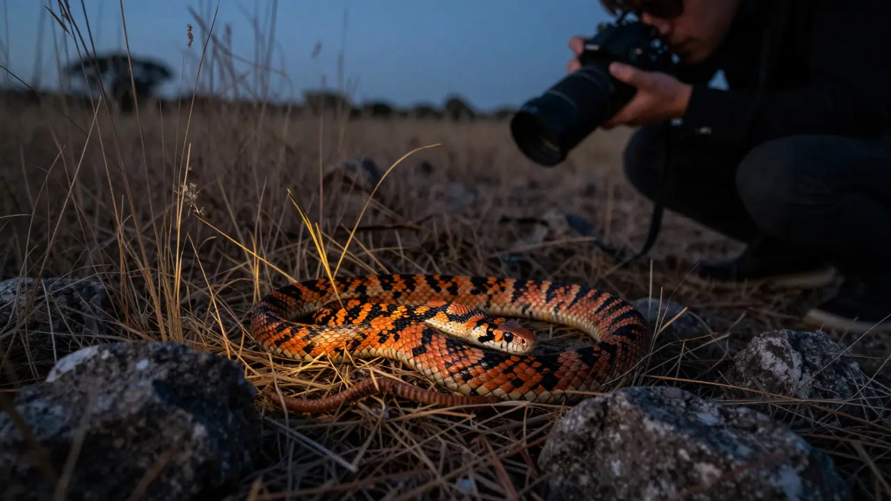 Corn Snake resting in a field at dusk illuminated by soft diffused light