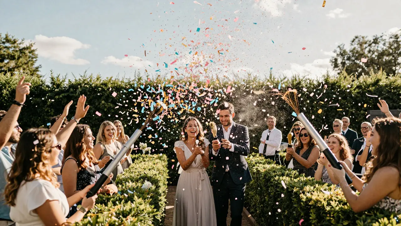 Couple surrounded by a vibrant burst of colorful confetti in a garden