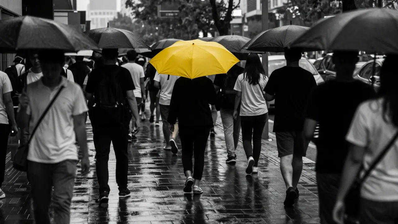 Crowd with black umbrellas on a wet street, one person holding a bright yellow umbrella