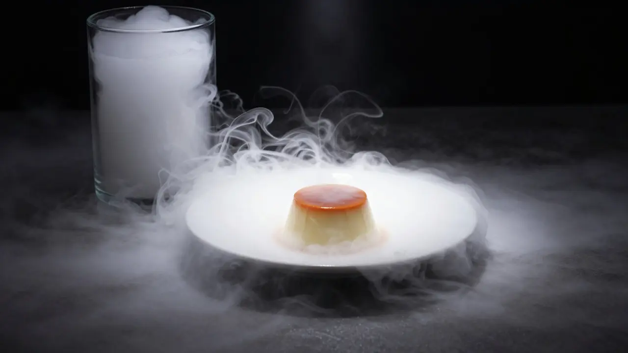 Dense fog surrounding a dessert plate using dry ice method
