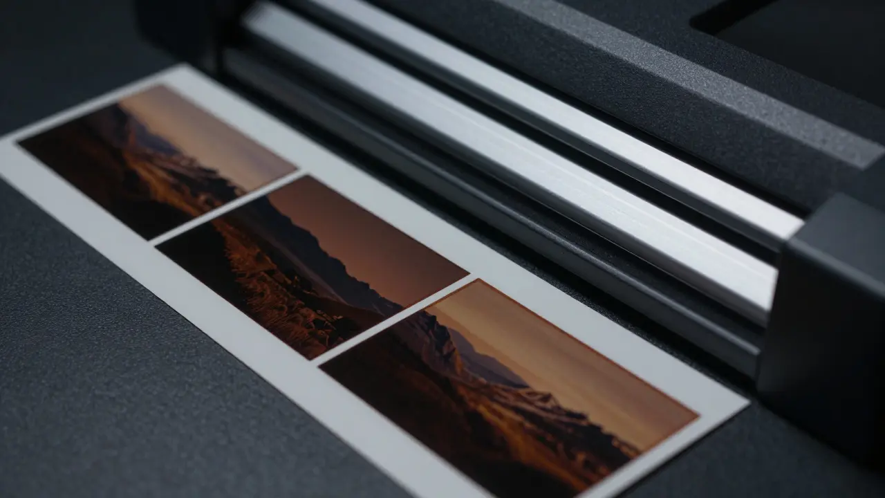 Developed medium format film negatives beside a high-end scanner