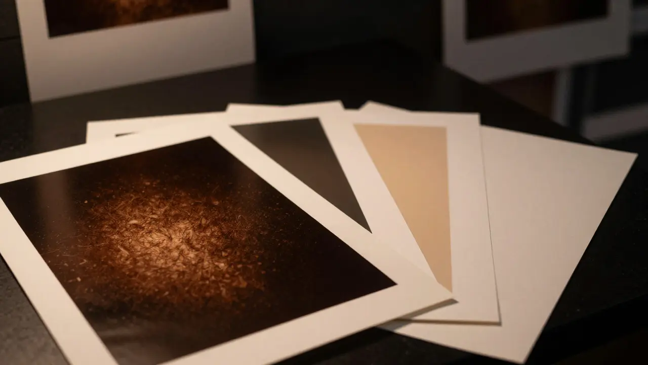 Display of different photographic paper textures including fiber-based and resin-coated