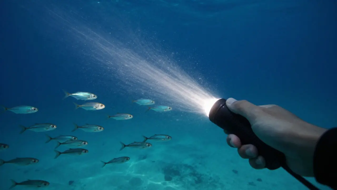 Diver's hand holding a flashlight illuminating a school of fish