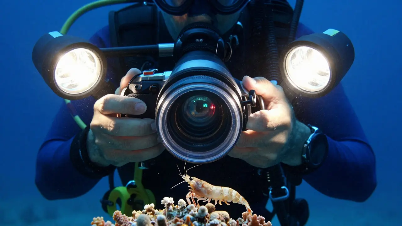 Diver holding underwater camera with strobes illuminating a small shrimp on coral