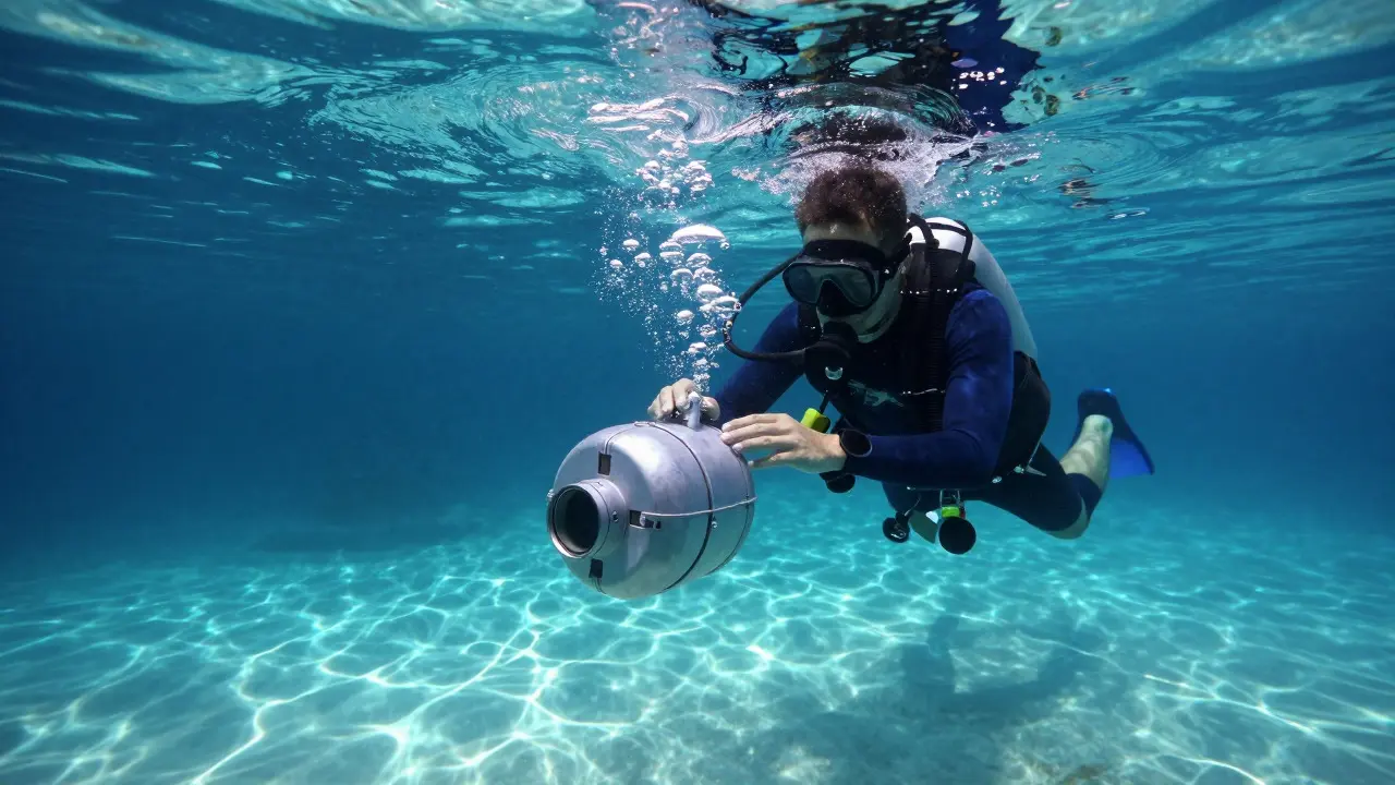 Diver testing an underwater camera housing for leaks in an aquarium