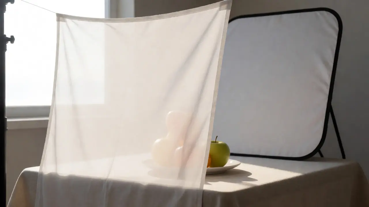 DIY white fabric diffuser softening direct sunlight on a still-life subject.