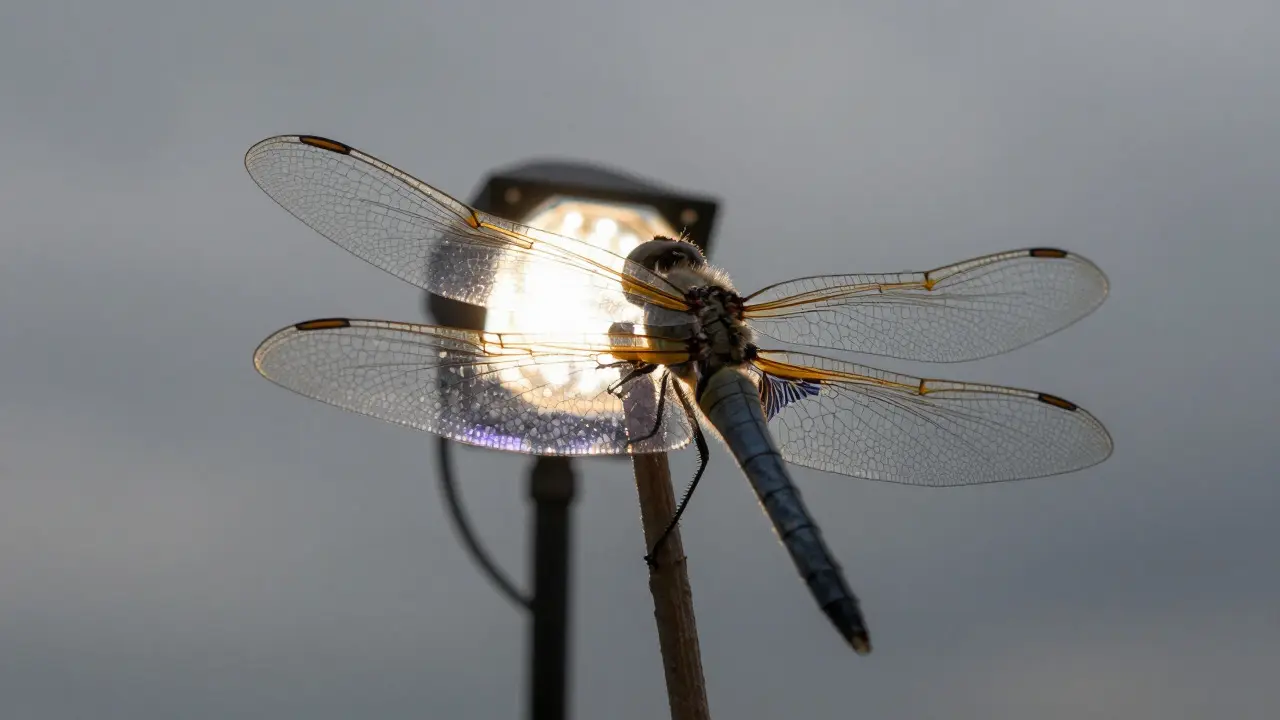 Dragonfly wing backlit by LED panel revealing vein structure against a cloudy sky
